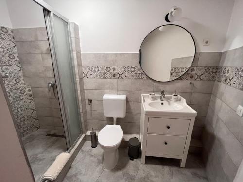 a bathroom with a toilet and a sink and a mirror at Pacsirta Apartman Grand in Eger