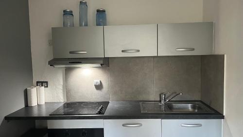 une cuisine avec un évier et un plan de travail dans l'établissement Appartement studio Cannes, à Cannes