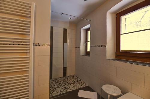 a bathroom with a shower and a window at Dienberger Ferienhaus in Untergriesbach