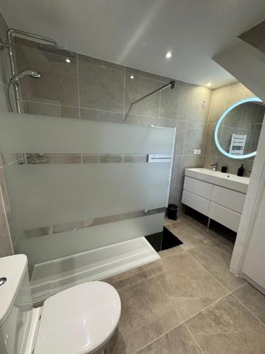 une salle de bain avec toilettes, lavabo et miroir dans l'établissement Villa Monbazillac, vue exceptionnelle, piscine, jacuzzi 10-12 pax, à Monbazillac