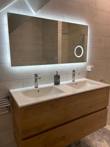 une salle de bain avec un lavabo et un grand miroir dans l'établissement Le ROSSIGNOL APPARTEMENT MET AIRCO & PRIVE TERRAS, à Dégagnac