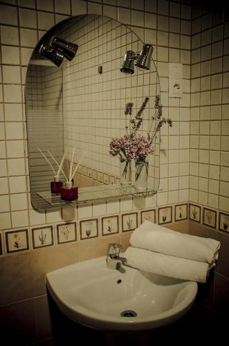 a bathroom with a sink and a mirror and towels at Casa Ruperto in Doade