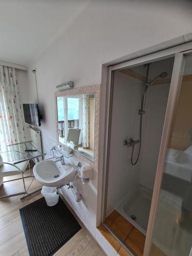 a bathroom with a shower and a sink and a mirror at B&B Hallstatt Lake OBERTRAUN self check in in Obertraun