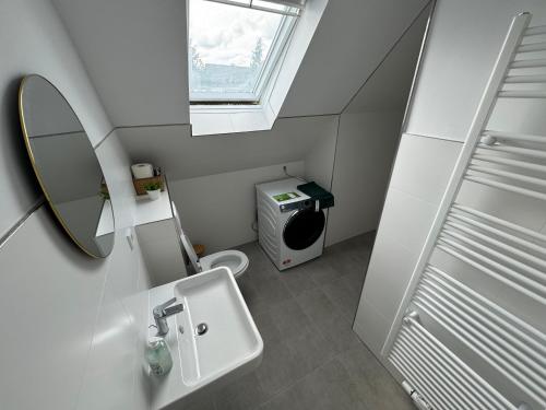 a small bathroom with a sink and a mirror at Big House I 15 Beds I 8 Sleeping Room I Parking in Bad Oeynhausen