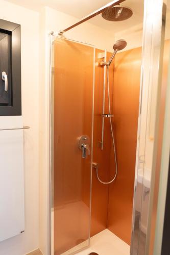 a shower with a glass door in a bathroom at HofGut Bockelkathen Tiny Haus 9 in Lüdersburg