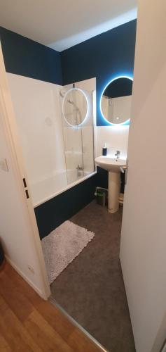 une salle de bain avec une baignoire, un lavabo et un miroir dans l'établissement Appart entier 55m 2p et Parking, à Versailles