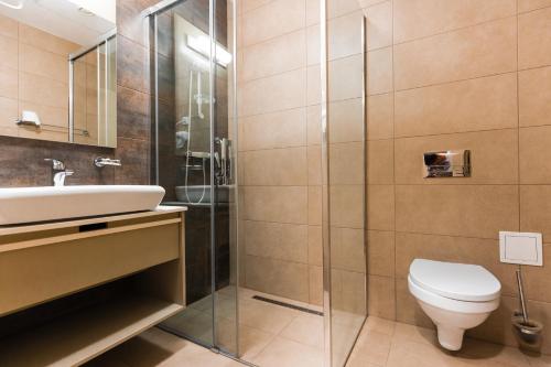 a bathroom with a toilet and a sink at Szent Anna Vendégház in Băile Tuşnad