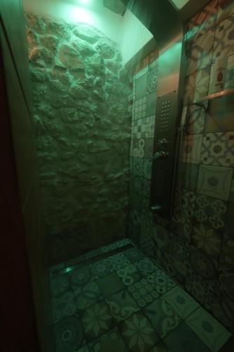 a bathroom with a shower with green walls and tiles at Dimore Di Charme Lago Matese in San Gregorio