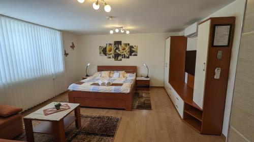 sypialnia z łóżkiem, stołem i kanapą w obiekcie Apartmán Štěpánka w mieście Ratíškovice