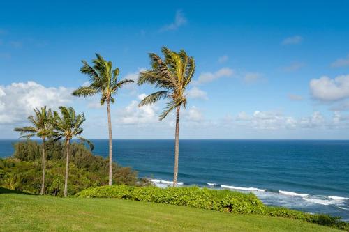 a group of palm trees on a hill next to the ocean at Sealodge A6 in Princeville