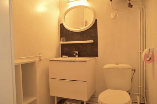 une salle de bain avec toilettes, lavabo et miroir dans l'établissement Appartement Studio cabine 4 couchages ARGELES SUR MER AR070-408, à Argelès-sur-Mer