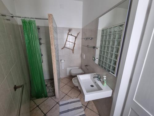 a bathroom with a sink and a shower and a toilet at Salento holiday house in Torchiarolo