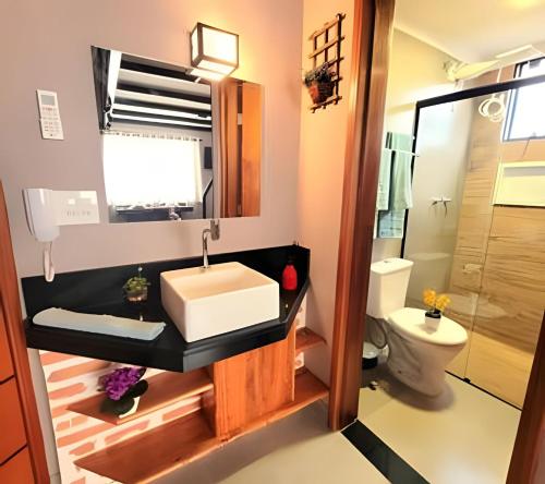 a bathroom with a sink and a toilet at Laguna Lofts in Poços de Caldas