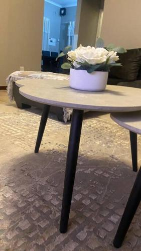 a table with a pot of flowers on top of it at 3 Beds Urban Escape Home in Gaborone