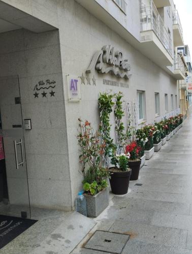 a building with potted plants on the side of it at Apartamentos Turísticos Vila Praia in Vila Praia de Âncora