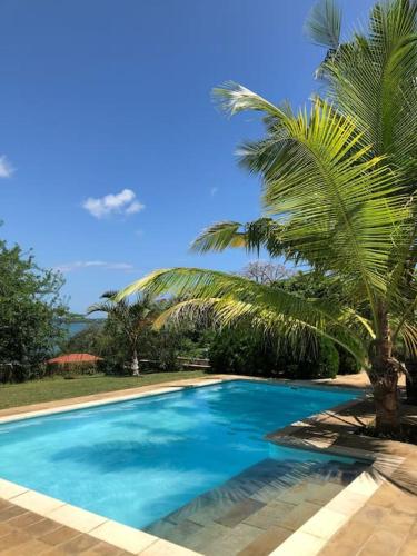 a blue swimming pool with a palm tree next to it at Coastal Villa Kilifi Creek Mandharini in Kilifi
