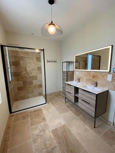 une salle de bain avec une douche, un lavabo et un miroir dans l'établissement Camargu'Alpilles, à Mollégès