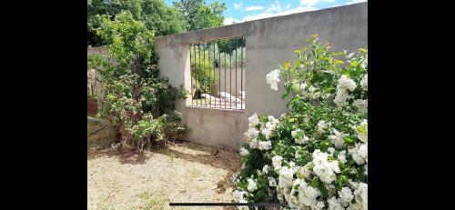 a garden with white flowers and a fence at La Maisonnette du Parc - Piscine - Tennis in Nîmes