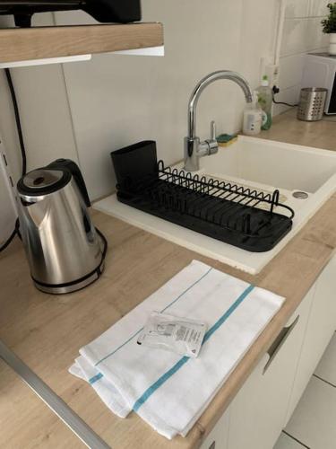 - un comptoir de cuisine avec un évier et un clavier dans l'établissement Très grand appartement ancien avec petit jardin, à Nevers