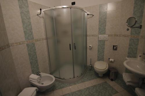 a bathroom with a shower and a toilet and a sink at Piccolo Hotel Nogara in Nogara