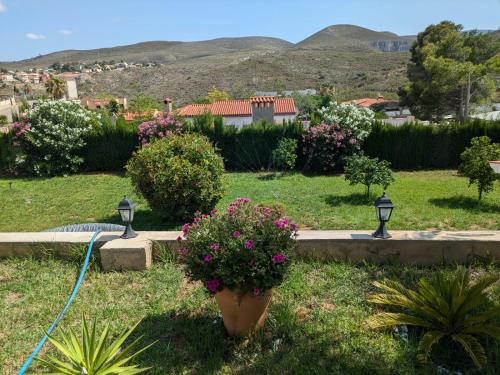 a garden with flowers in a yard with mountains in the background at Buen Estar, piscina, barbacoa, jacuzzi en Valencia in Turís