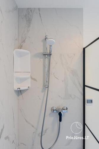 a shower in a bathroom with a shower head at Namas su PRIVAČIU BASEINU ir JACUZZI! in Palanga
