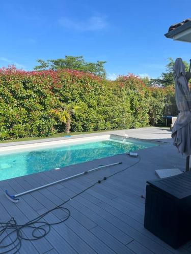 - une piscine avec un parasol sur une terrasse en bois dans l'établissement La maison de l amour avec piscine privée, à Albias