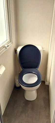 a bathroom with a toilet with a blue seat at Triocamp Praha in Prague