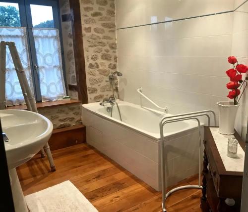 une salle de bain avec une baignoire et un lavabo dans l'établissement Charmant Moulin De Selves, à Auriac