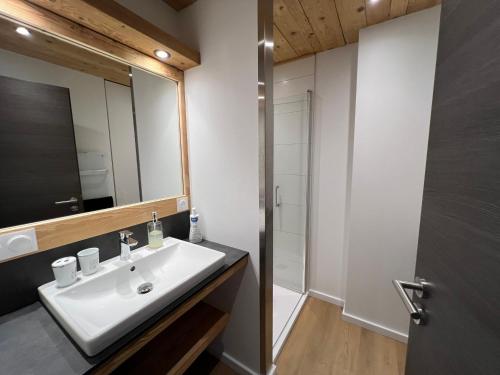 une salle de bain avec un lavabo et un miroir dans l'établissement Superbe appartement neuf avec Sauna privé & Terrasse vue sur la montagne, à La Bresse
