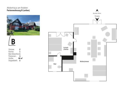 Půdorys ubytování Atelierhaus am Bodden FeWo B unten
