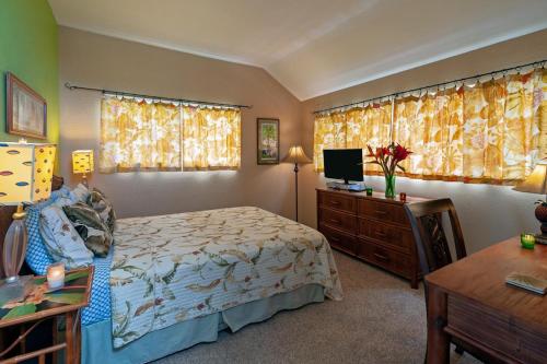a bedroom with a bed and a desk and a television at Kamahana 24 in Princeville