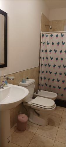 a bathroom with a toilet and a sink and a shower curtain at Casa Venicio 1 in Ciudad Lujan de Cuyo