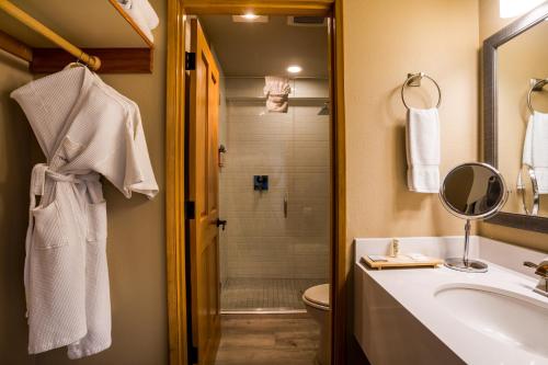 a bathroom with a sink and a toilet and a shower at The Ocean Lodge in Cannon Beach
