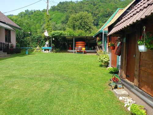 a yard next to a house with a green lawn at Pantića avlija - Ethno household in Požega