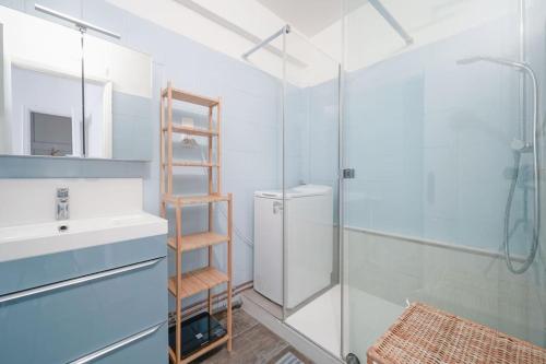 une salle de bain avec un lavabo et une douche en verre dans l'établissement Spacious 1BR in 10th District, à Paris