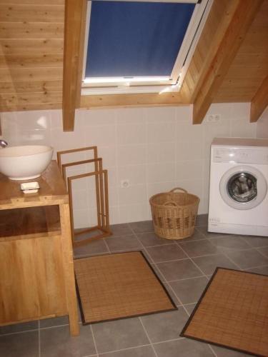 une cuisine avec un évier et une machine à laver dans l'établissement Au Jardin des 4 Saisons, à Eckwersheim