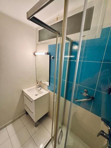 une salle de bain avec un lavabo et une douche dans l'établissement Cœur de Confluence, à Lyon