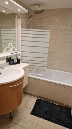 une salle de bain avec une baignoire et un lavabo et une baignoire dans l'établissement Appartement spacieux à Vaujours, vue sur le jardin, à Vaujours