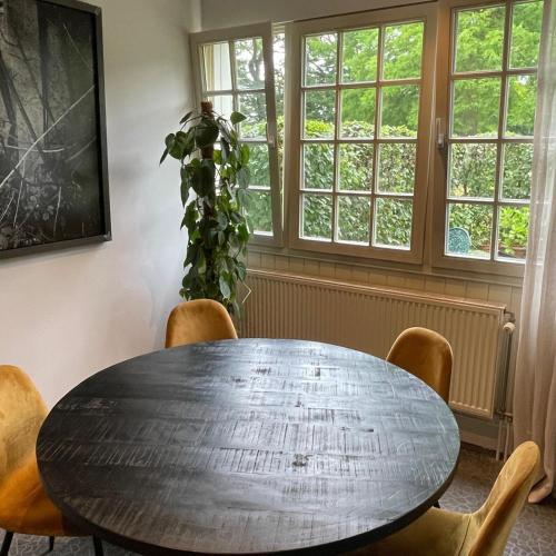a dining room table with chairs and a plant at The Cottage in Merelbeke