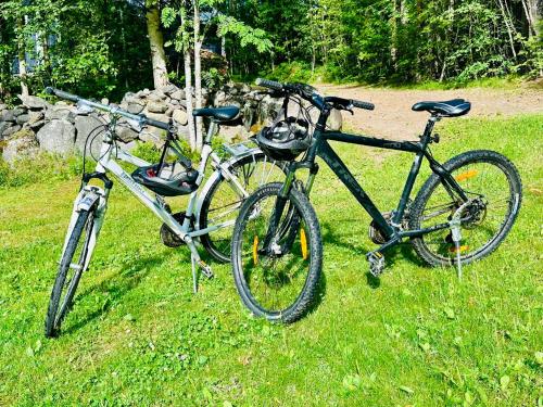 two bikes parked next to each other in the grass at Blueberry Villa at Saimaa Lakeside in Taipalsaari
