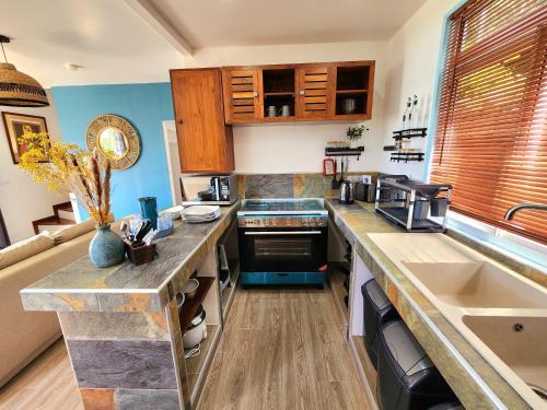 a kitchen with a counter top and a sink at Duplex en bord de mer Fare Tahitea Pension in Taputapuapea