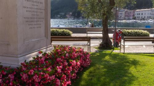 a group of benches and flowers in a park at Hotel Eden in Toscolano Maderno