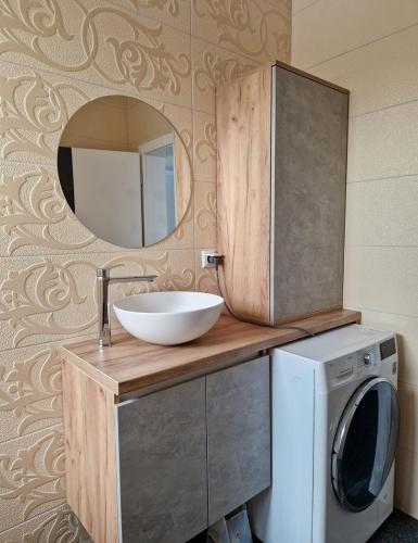 a bathroom with a sink and a mirror and a washing machine at Villa AS in Bihać
