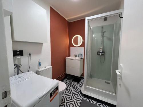 une salle de bain avec une douche, des toilettes et un lavabo dans l'établissement David - T2 5 mn gare TGV et Grand Palais, à Lille