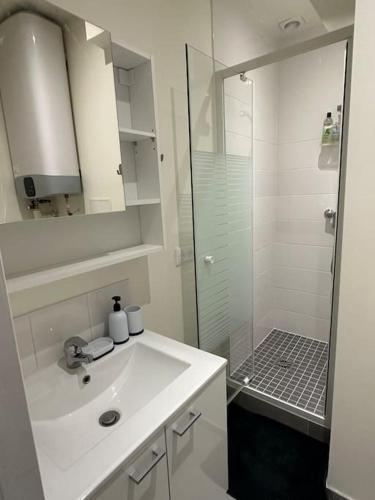 une salle de bain blanche avec un lavabo et une douche dans l'établissement Appartement Moderne, à Gennevilliers