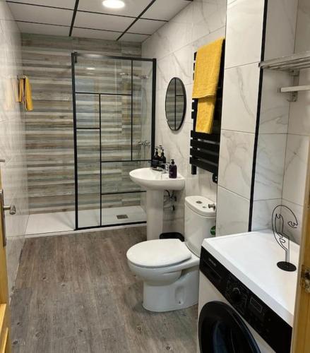 a bathroom with a toilet and a sink and a shower at Guadiana Loft Experience Nadra in Badajoz