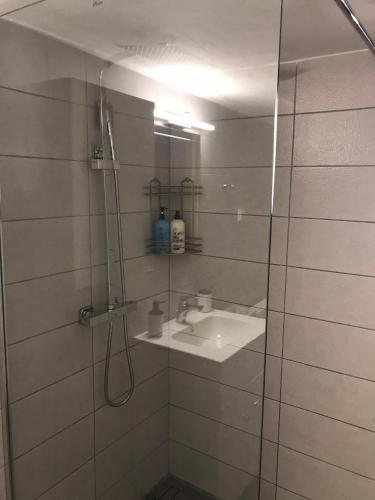 a bathroom with a shower and a sink at Eva's apartment in Plataria