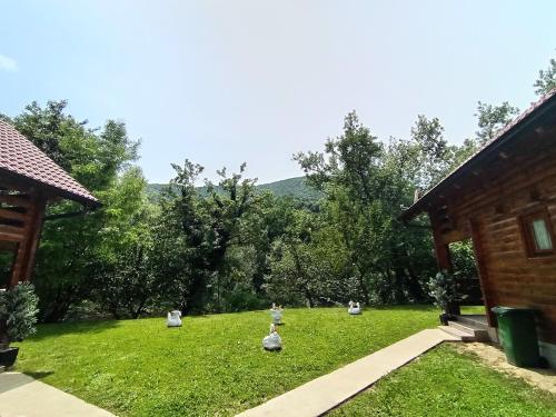 a yard with ducks sitting in the grass at Apartmani Kajkut in Banja Luka