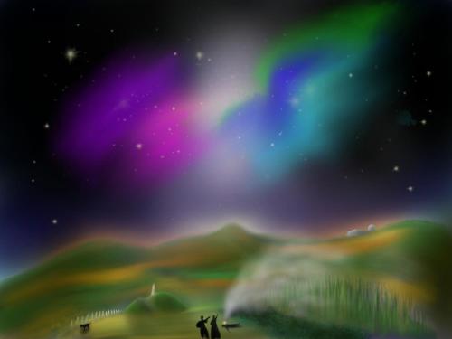 a painting of people standing in a field under the northern lights at Wellington Vibes in Wellington